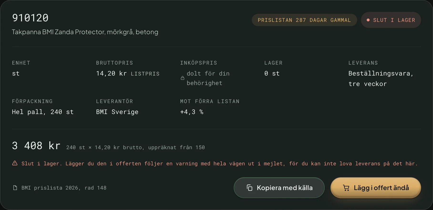 Ur demon, med påhittad data. Priset står med raden i prislistan det kommer ifrån.